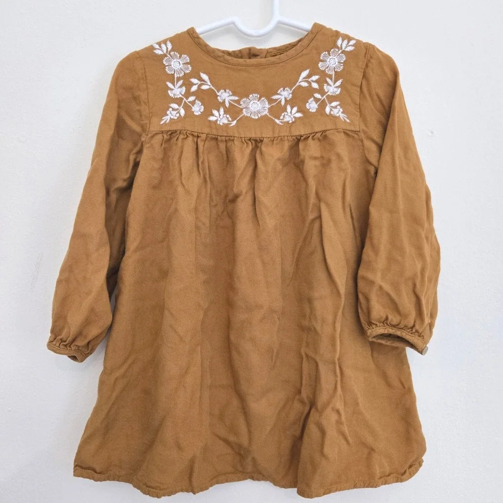 Mango MNG Kids Baby Girls Mustard Yellow Floral Embroidered Dress Size 3-4 104cm